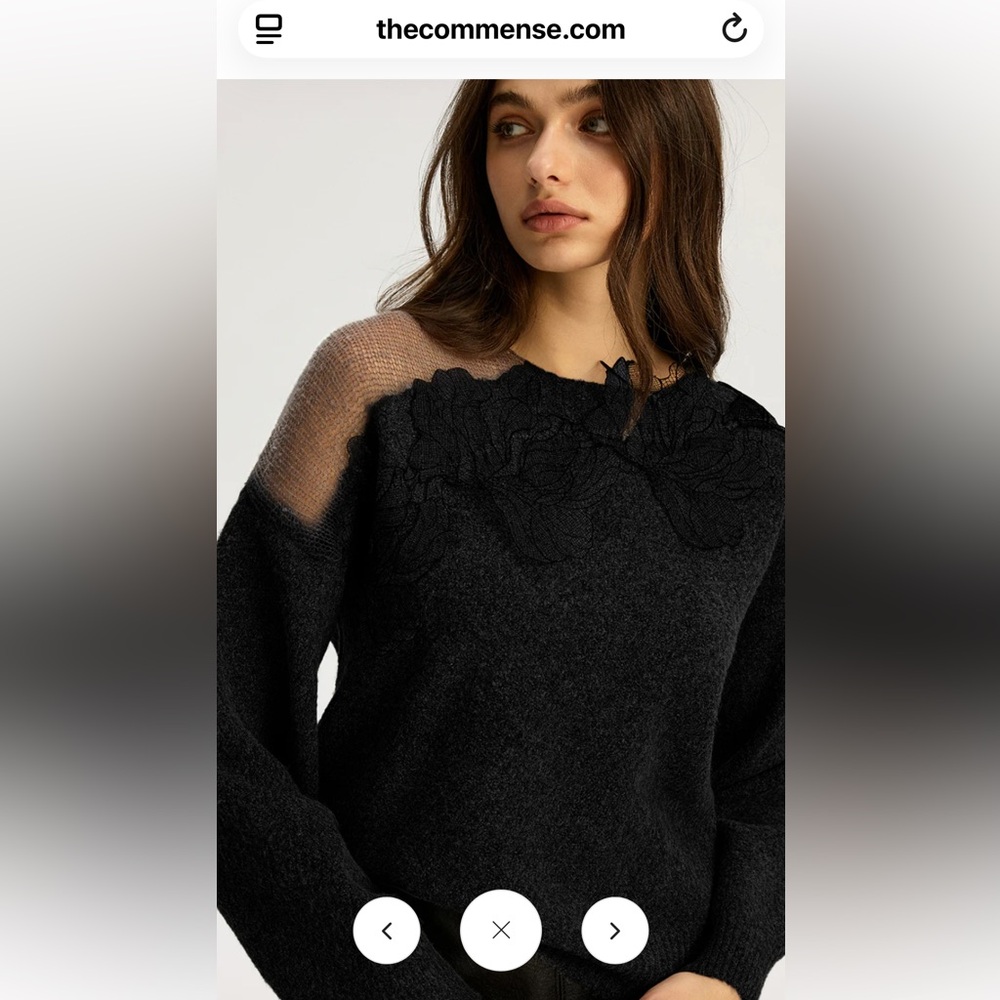 NWT Commense Black Sheer Floral Yoke Crewneck Sweater M